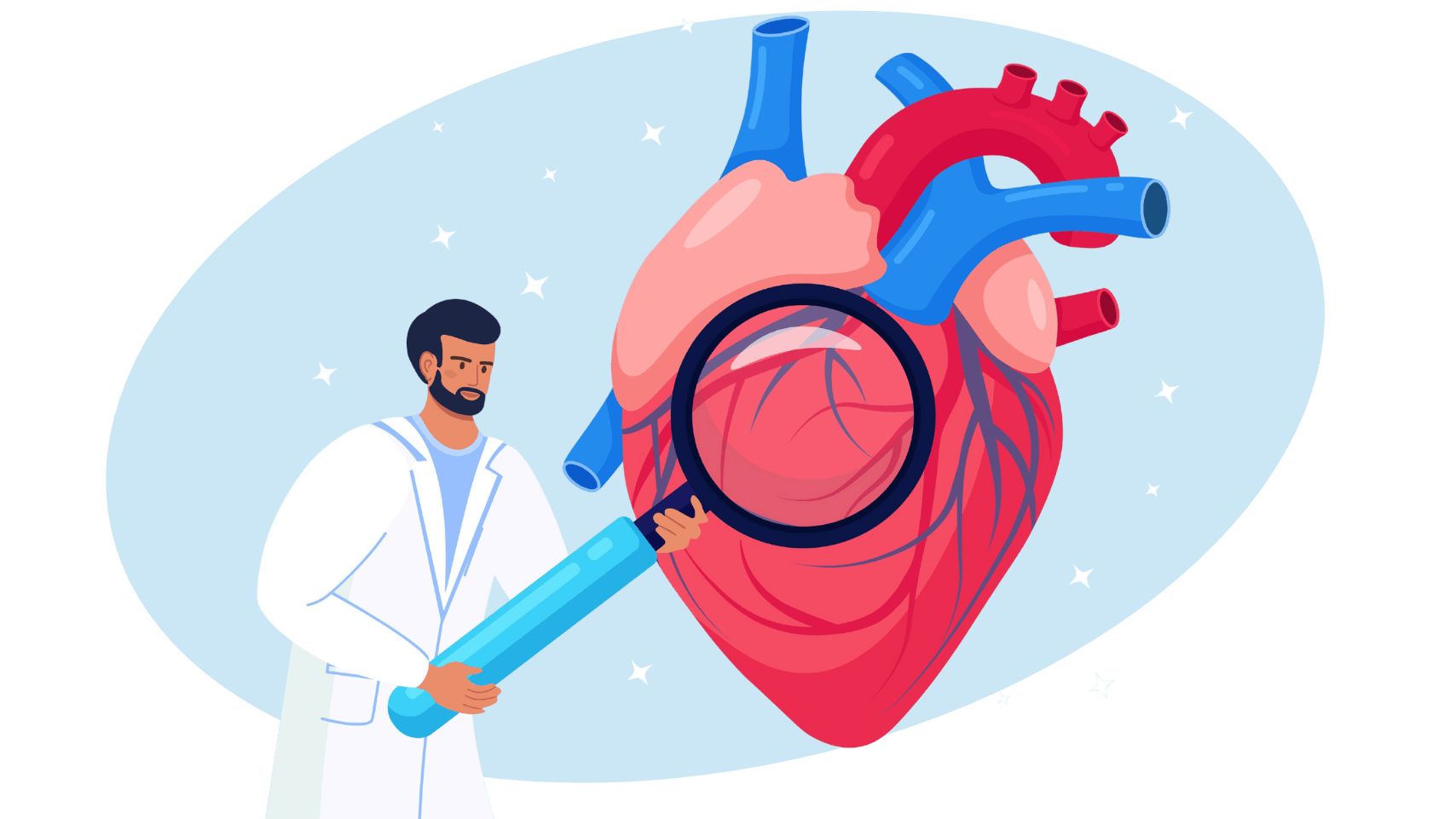 Ein Arzt untersucht mit einer Lupe ein stilisiertes menschliches Herz.