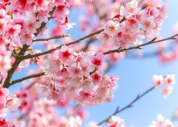 Nahaufnahme von hellrosa Kirschblütenzweigen vor einem klaren, blauen Himmel im Frühling.