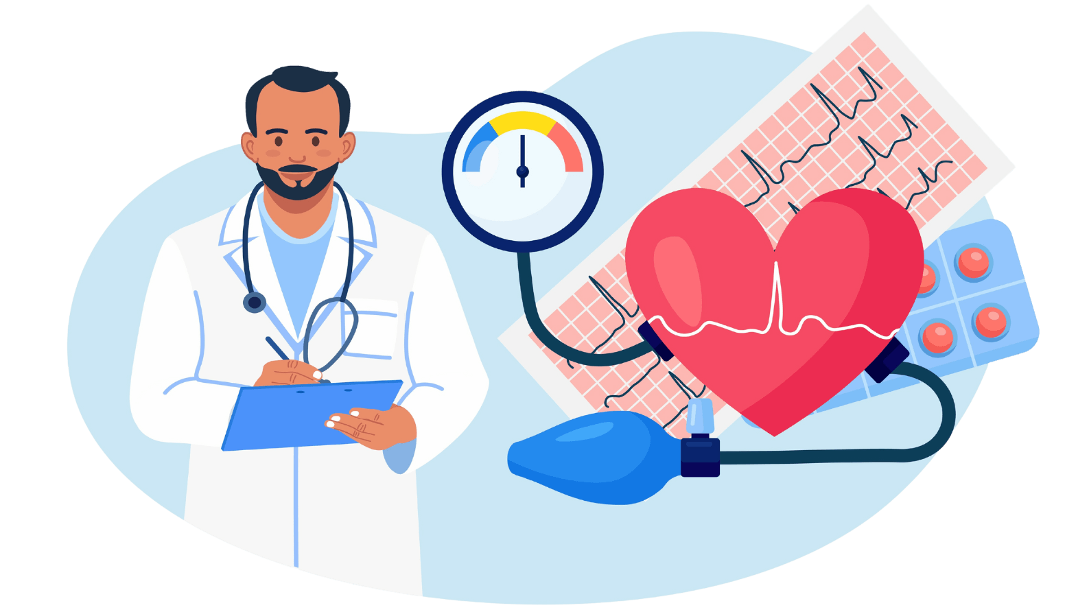 Ein Arzt vor einer Darstellung von Blutdruckmessung, Herz und Tabletten.